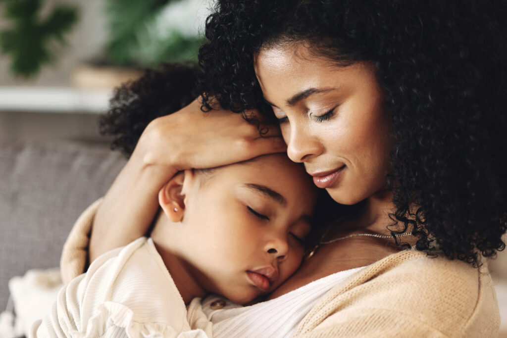 family mother with sleeping kid love peace calm with relationship care relax home content black woman tired girl with bond comfort hug with safe place dream sleep